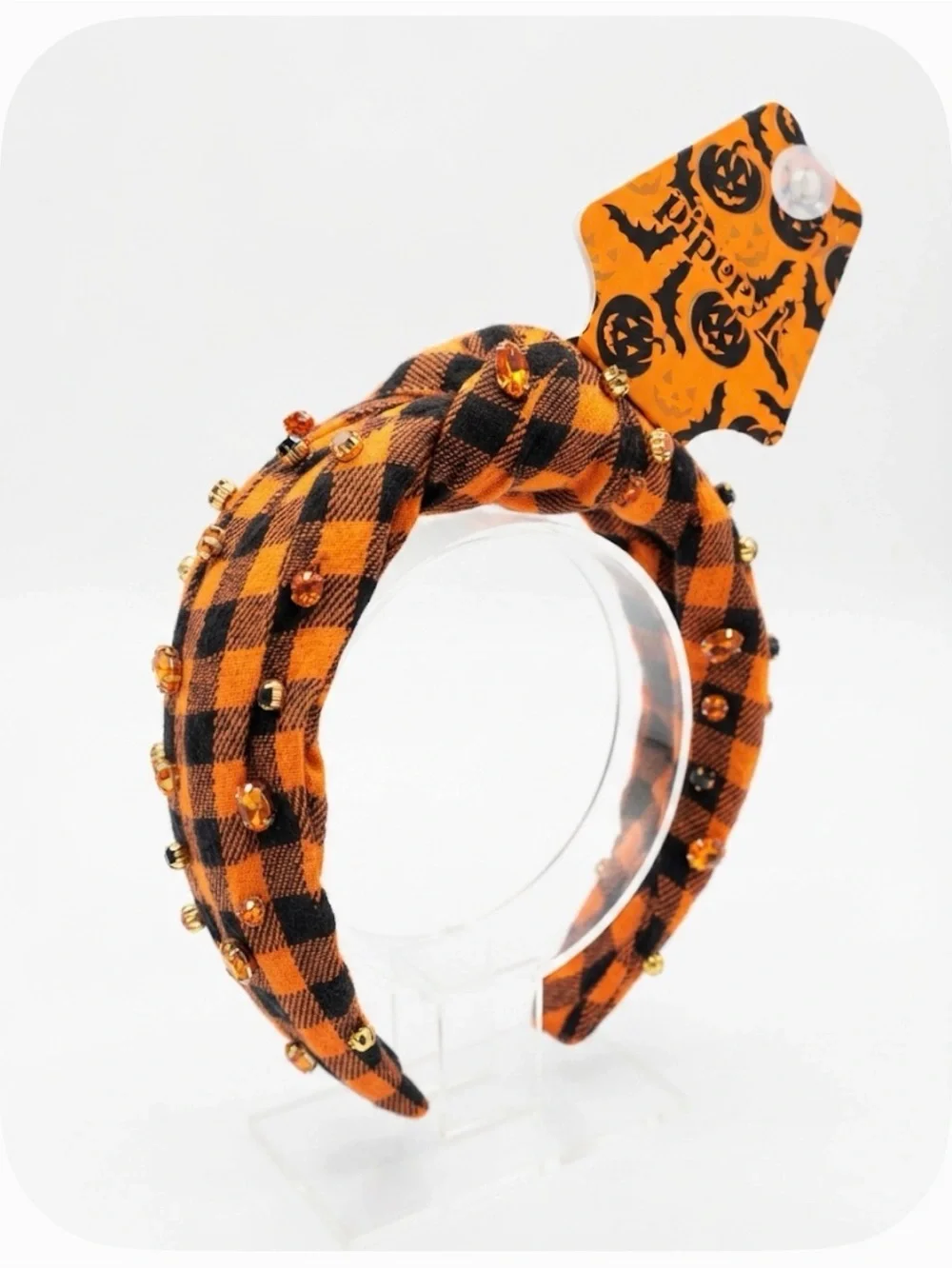 NWT ⚜️🖤⚜️ Piper K Orange and Black Plaid Jeweled Knot Headband